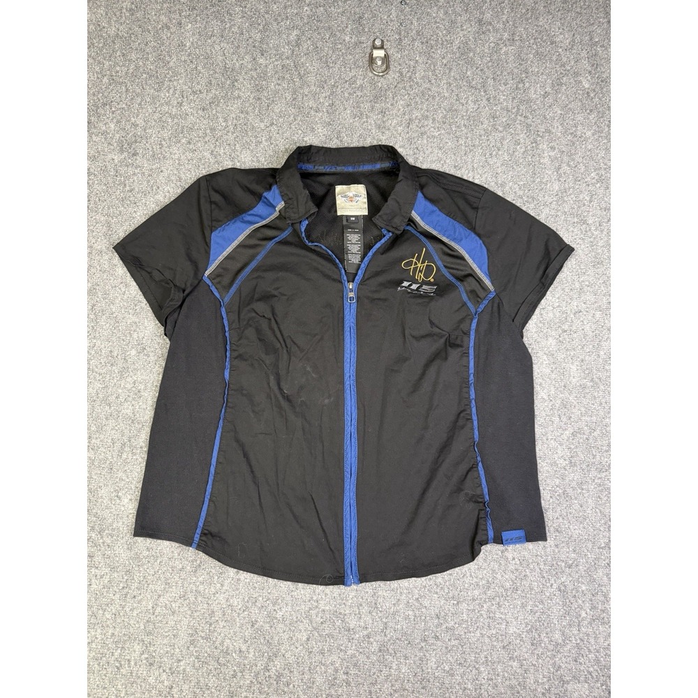 Women's Harley Davidson 115 Years Zip Up Biker Work Shirt Size 3 W Black Blue